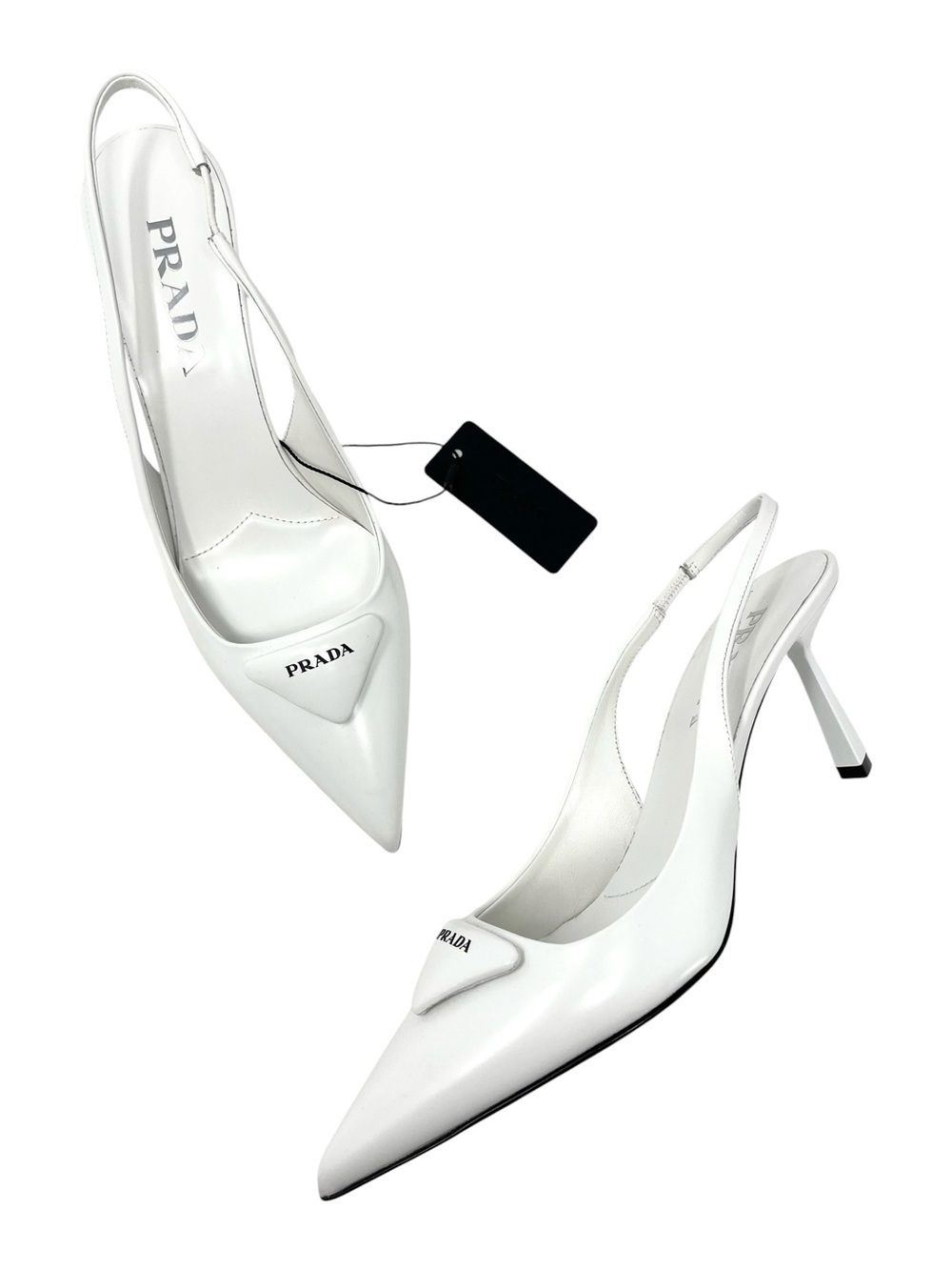 NEW Prada Triangle Logo White Brushed Leather Slingback High Heels Pumps 37 7